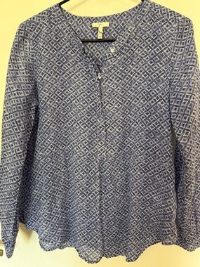 J. Jill Blue Geometric Long-Sleeve Henley Blouse